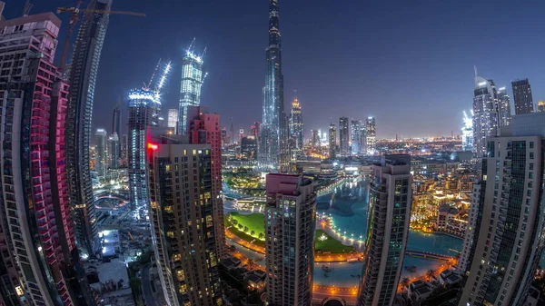 Panorama Dubai Downtown Cityscape Tallest Skyscrapers Aerial Night Day Transition — Stock Photo, Image