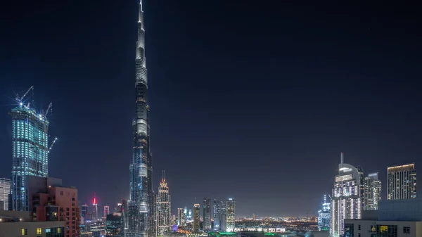 Dubai Downtown Panoramic Cityscape Tallest Skyscrapers Aerial All Night Timelapse — Stock Photo, Image
