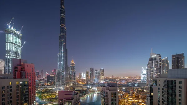 Dubai Belvárosi Panoráma Városkép Legmagasabb Felhőkarcolók Körül Légi Éjjel Nappal — Stock Fotó