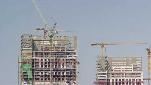 Kranen Die Werken Bouwplaats Werken Van Nieuwe Wolkenkrabbers Timelapse Stedelijke — Stockfoto