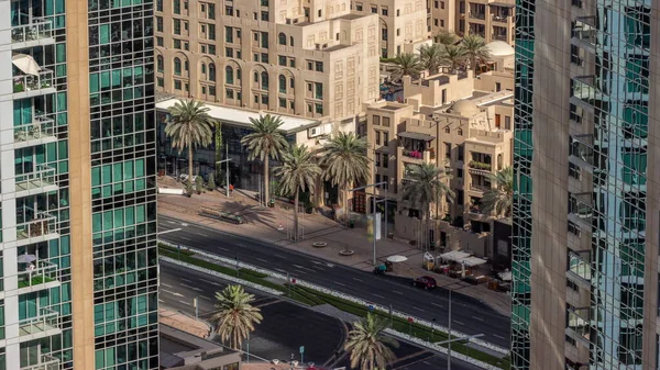 Bussy Traffic Road Dubai Downtown Aerial Timelapse View Skyscrapers Walking — Stock Photo, Image