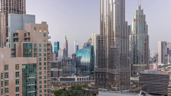 Повітряний Вид Міжнародного Фінансового Центру Дубай Районні Хмарочоси Дня Ніч — стокове фото