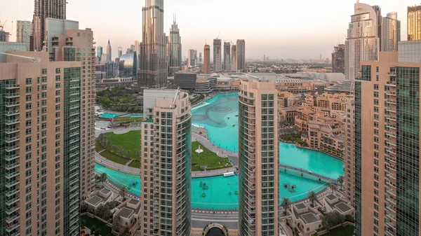 Dubai Downtown Stadsbild Med Högsta Skyskrapor Runt Fontänen Antenn Dag — Stockfoto