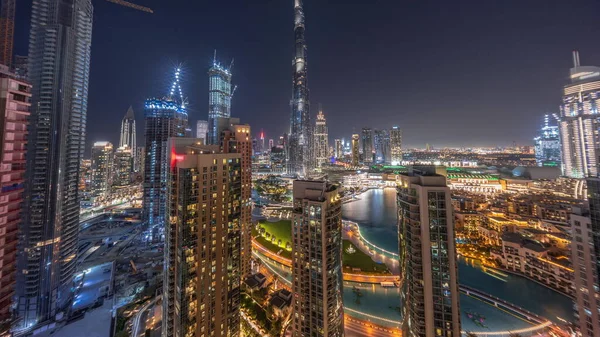 Dubai Downtown Cityscape Ψηλότερους Ουρανοξύστες Πανόραμα Εναέρια Νύχτα Timelapse Κατασκευή — Φωτογραφία Αρχείου