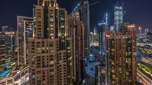 Luchtfoto Panoramisch Stadsgezicht Nacht Timelapse Met Verlichte Architectuur Van Dubai — Stockfoto