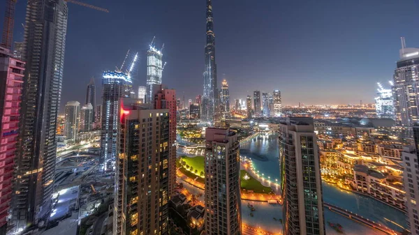 Dubai Downtown Cityscape Tallest Skyscrapers Aerial Night Day Transition Panoramic — Stock Photo, Image