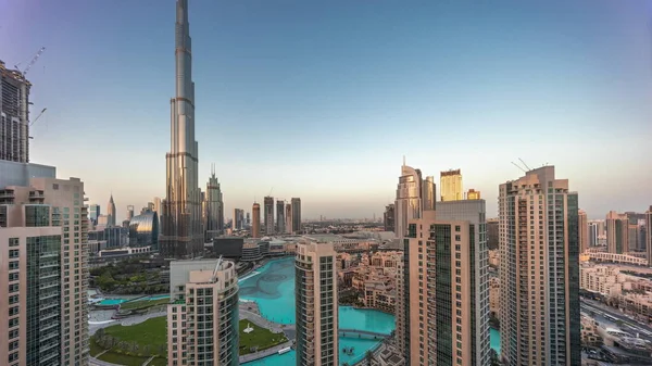 Dubai Downtown Cityscape Високими Хмарочосами Навколо Повітряного Дня Ніч Перехідний — стокове фото