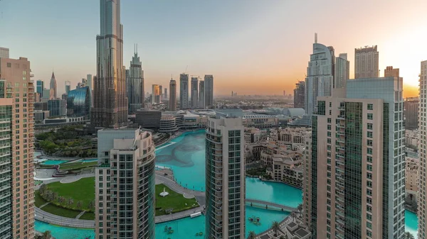 Dubai Downtown Cityscape Sunrise Tallest Skyscrapers Aerial Timelapse Sun Rising — Stock Photo, Image