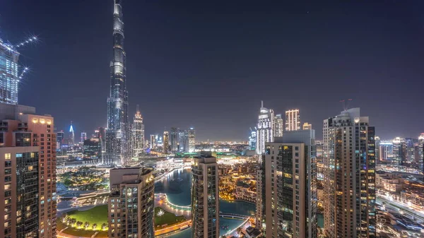 Dubai Downtown Cityscape Tallest Skyscrapers Skyline Aerial Timelapse All Night — Stock Photo, Image