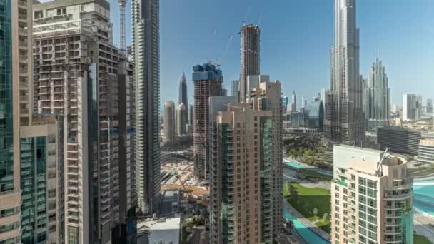 Panorama pokazująca Dubaj Śródmieścia z najwyższymi drapaczami chmur wokół lotniczej timelapse. — Wideo stockowe