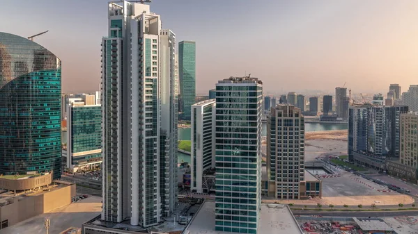 Business Bay Dubai Office Skyscrapers Water Canal Aerial Timelapse Sunset — Stock Photo, Image