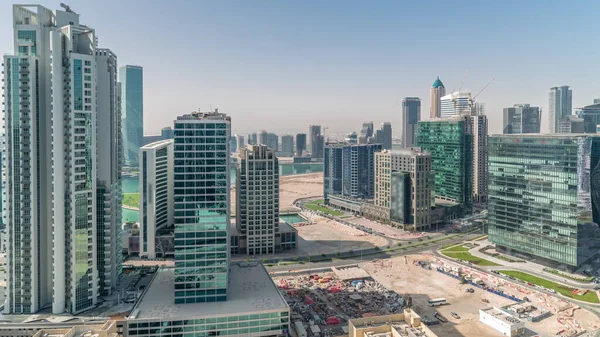 Business Bay Dubai Skyscrapers Water Canal Aerial Panoramic Timelapse Mixed — Stock Photo, Image