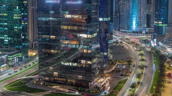 Business Bay Dubai Illuminated Skyscrapers Traffic Road Intersection Aerial Night — Stock Photo, Image