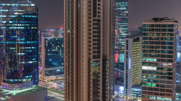 Business Bay Dubai Rascacielos Iluminados Con Canal Agua Noche Aérea — Foto de Stock
