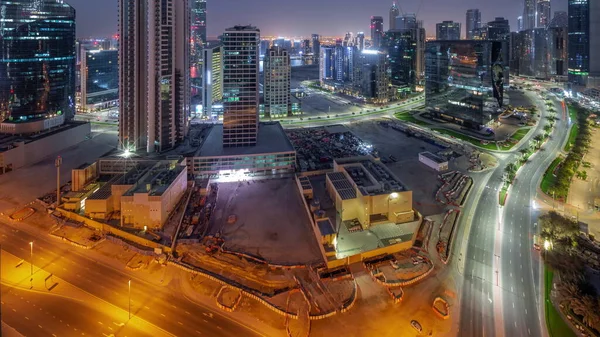 Business Bay Dubai Rascacielos Iluminados Con Antena Canal Agua Noche —  Fotos de Stock
