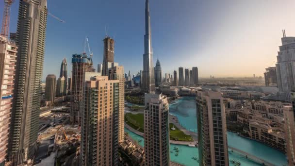 Dubai Downtown cityscape with tallest skyscrapers around aerial all day timelapse. — Stock Video