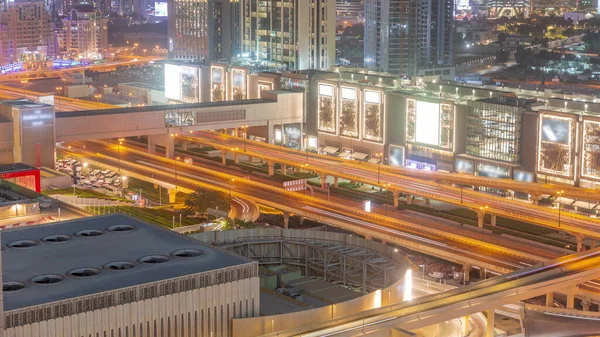 Highway Road Traffic Overpass Footbridge Shopping Center Dubai Downtown Night — Fotografia de Stock