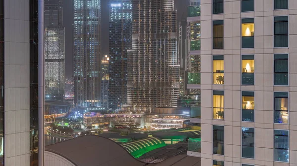 Shopping Mall Exterior Reastaurants Balconies Night Timelapse Dubai United Arab — Stock Photo, Image