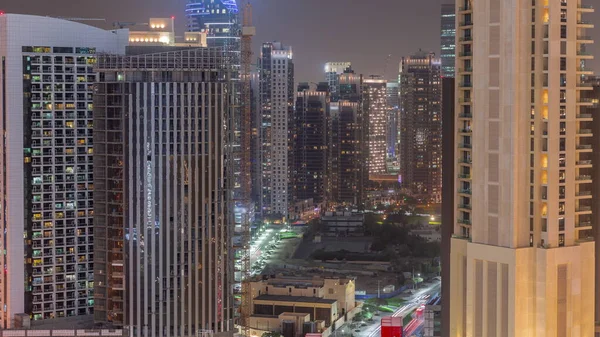 Skyscrapers Business Bay Dubai Aerial Night Timelapse Yard Palms Construction — Stock Photo, Image