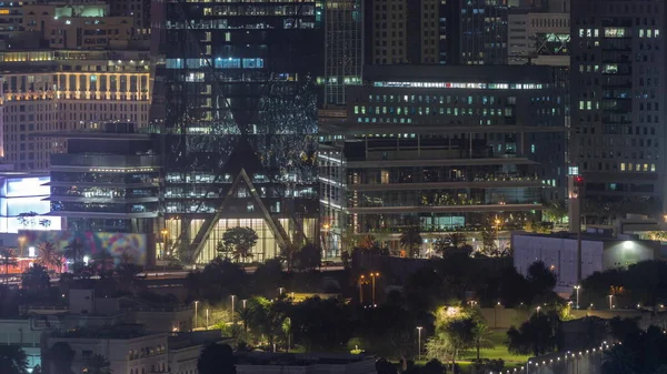 Modern Buildings Sheikh Zayed Road Difc District Aerial Night Timelapse — Stock Photo, Image