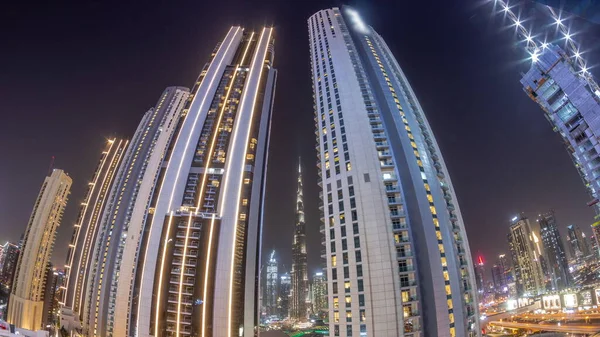 Panorama Tallest Skyscrapers Downtown Dubai Located Bouleward Street Shopping Mall — Stock Photo, Image