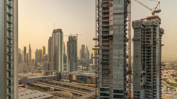 Sitio Construcción Edificios Altos Alrededor Sheikh Zayed Road Timelapse Aéreo —  Fotos de Stock