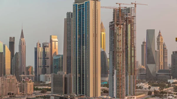 Fila Del Panorama Edificios Altos Alrededor Sheikh Zayed Road Timelapse —  Fotos de Stock