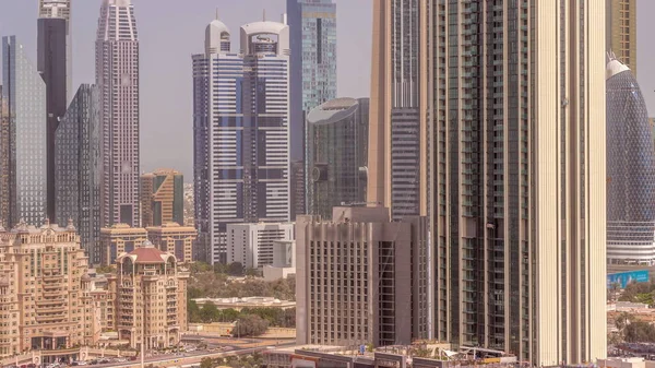 Row Tall Buildings Sheikh Zayed Road Difc District Aerial Timelapse — Stock Photo, Image