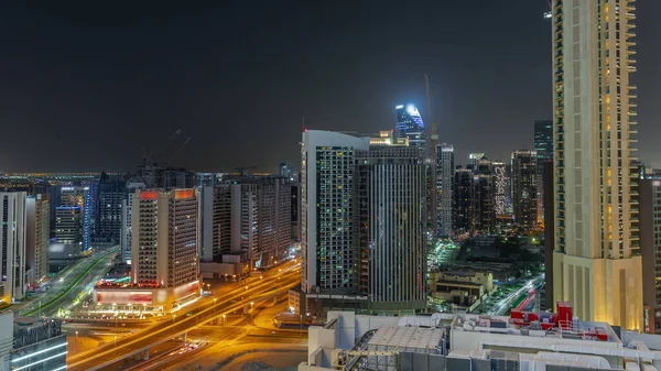 Arranha Céus Baía Negócios Dubai Noite Aérea Panorâmica Timelapse Intersecção — Fotografia de Stock