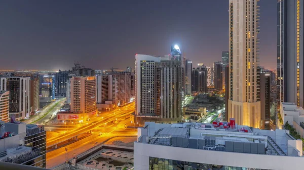 Mrakodrapy Business Bay Dubaji Leteckou Noc Den Přechodu Timelapse Silniční — Stock fotografie