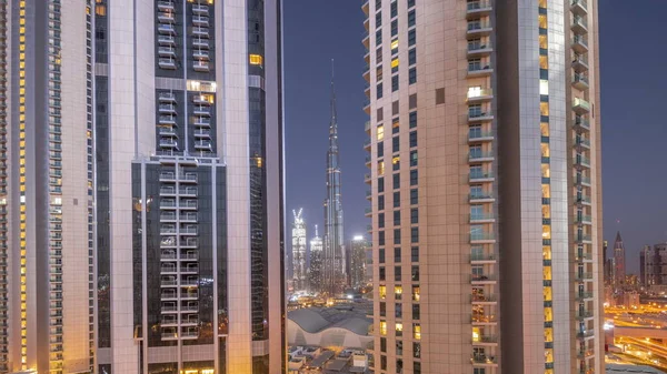 Legmagasabb Felhőkarcolók Belvárosban Dubai Található Bouleward Street Közelében Bevásárlóközpont Légi — Stock Fotó