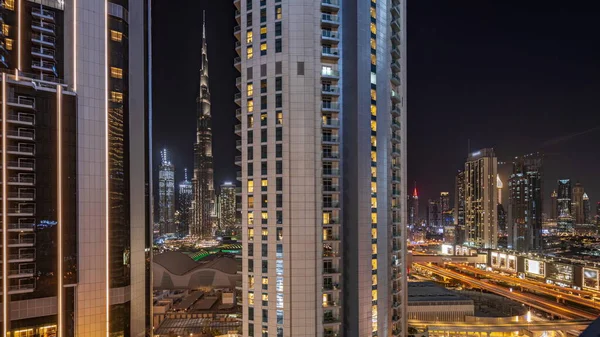 Panorama Ukazuje Nejvyšší Mrakodrapy Během Pozemské Hodiny Centru Dubaje Který — Stock fotografie