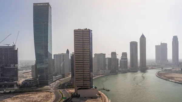 Cityscape Skyscrapers Dubai Business Bay Water Canal Aerial Timelapse Evening — Stock Photo, Image