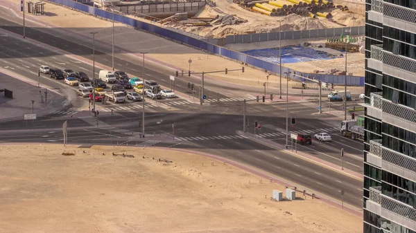 Tráfego Movimentado Interseção Rodoviária Dubai Business Bay Distrito Aéreo Timelapse — Fotografia de Stock