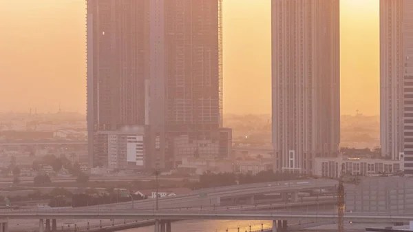 Cityscape Felhőkarcolók Dubai Business Bay Híd Felett Vízcsatorna Naplemente Légi — Stock Fotó