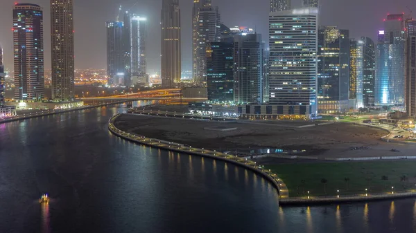 Cityscape Skyscrapers Dubai Business Bay Water Canal Aerial Night Timelapse — Stock Photo, Image