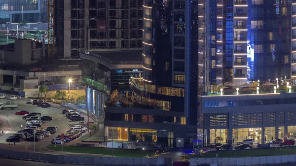 Cityscape Arranha Céus Dubai Business Bay Com Estacionamento Aéreo Noite — Fotografia de Stock