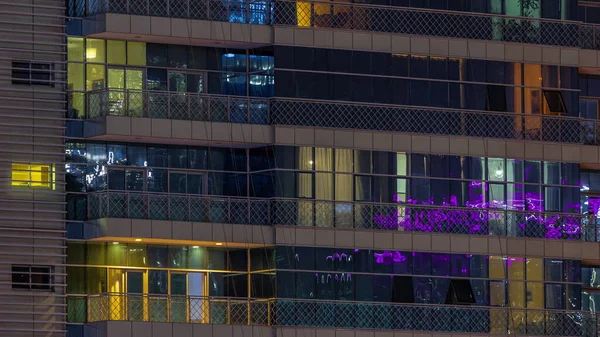 Ramen Verlicht Nachts Moderne Glazen Gebouw Timelapse Multi Level Wolkenkrabbers — Stockfoto