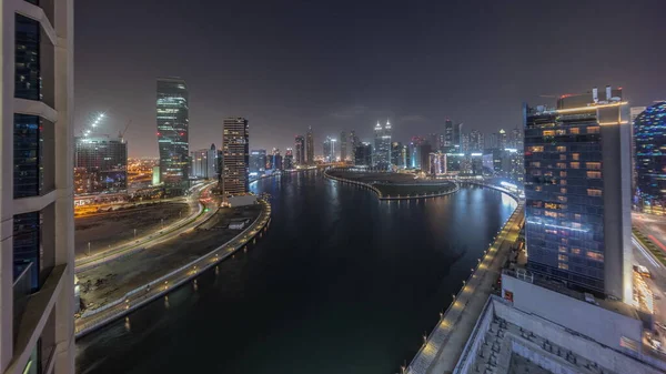 Dubai Körfezi Ndeki Gökdelenlerin Şehir Manzarası Kanalları Gece Zaman Çizelgesi — Stok fotoğraf