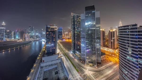 Cityscape Skyscrapers Dubai Business Bay Downtown Water Canal Aerial Night — Stock Photo, Image