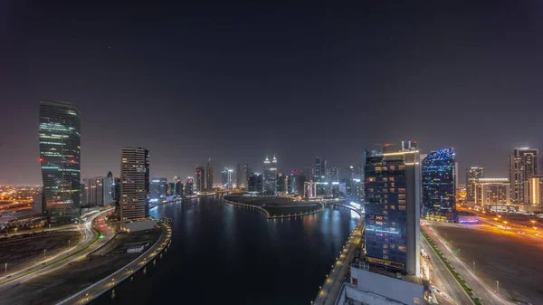 Cityscape Skyscrapers Dubai Business Bay Water Canal Aéreo Night Timelapse — Fotografia de Stock