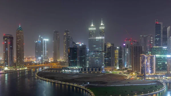 Cityscape Skyscrapers Dubai Business Bay Water Canal Aerial Durning All — Stock Photo, Image