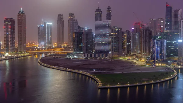 Cityscape Skyscrapers Dubai Business Bay Peninsula Water Canal Aerial Night — Stock Photo, Image