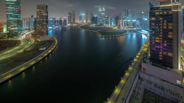 Cityscape Water Canal Skyscrapers Dubai Business Bay Aerial Night Timelapse — Stock Photo, Image