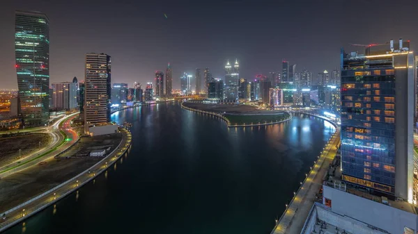 Cityscape Nábřeží Mrakodrapů Dubajském Zálivu Vodním Kanálem Vzdušný Timelapse Celou — Stock fotografie