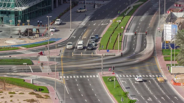 Tráfico Ocupado Intersección Carreteras Dubai Distrito Bahía Negocios Timelapse Aéreo — Foto de Stock