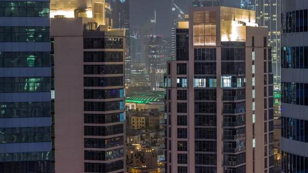 Rascacielos Dubai Business Bay Distrito Financiero Noche Aérea Timelapse Skyline —  Fotos de Stock