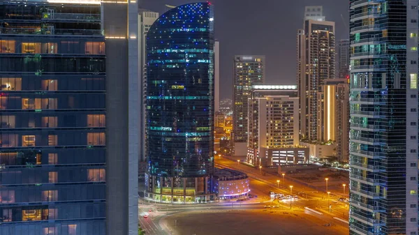 Cityscape Mrakodrapů Dubai Business Bay Průsečíkem Letecké Noci Timelapse Moderní — Stock fotografie