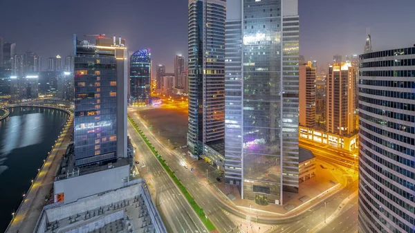Dubai Körfezi Ndeki Şehir Merkezindeki Gökdelenlerin Şehir Manzarası Gece Gündüz — Stok fotoğraf