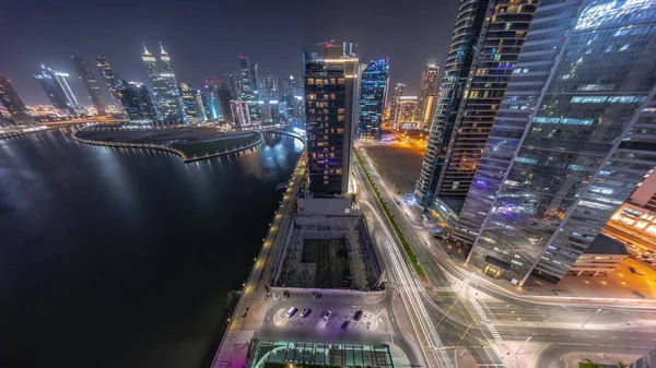 Stadtbild Von Wolkenkratzern Dubai Business Bay Mit Wasserkanal Antenne Zeitraffer — Stockfoto